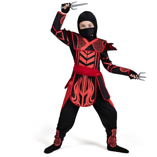 Spooktacular Creations Rot Schwarz Halloween Krieger Ninja Kostüm für Jungen und Mädchen, Halloween Verkleidungsparty, Ninja Rollenspiel, Themenpartys für Weihnachten, Karneval(Large (10-12 yrs)) von Spooktacular Creations