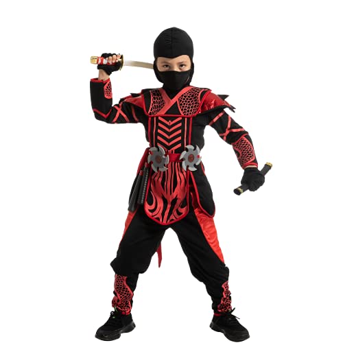 Spooktacular Creations Rot Schwarz Halloween Krieger Ninja Kostüm für Jungen und Mädchen, Halloween Verkleidungsparty, Ninja Rollenspiel, Themenpartys für Weihnachten, Karneval von Spooktacular Creations