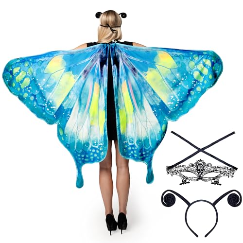 Spooktacular Creations Schmetterlingsflügel-Umhangschal mit Spitzenmaske und schwarzem Antennenstirnband aus Samt für Halloween-Kostüme für Erwachsene, Damen – Hellblau Spooktacular Creations Schmetterlingsflügel-Umhangschal mit Spitzenmaske und schwarzem Antennenstirnband aus Samt für Halloween-Kostüme für Erwachsene, Damen – Hellblau von Spooktacular Creations