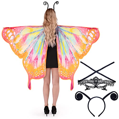 Spooktacular Creations Schmetterlingsflügel-Umhangschal mit Spitzenmaske und schwarzem Antennenstirnband aus Samt für Halloween-Kostüme für Erwachsene, Damen – Hellorange Spooktacular Creations Schmetterlingsflügel-Umhangschal mit Spitzenmaske und schwarzem Antennenstirnband aus Samt für Halloween-Kostüme für Erwachsene, Damen – Hellorange von Spooktacular Creations