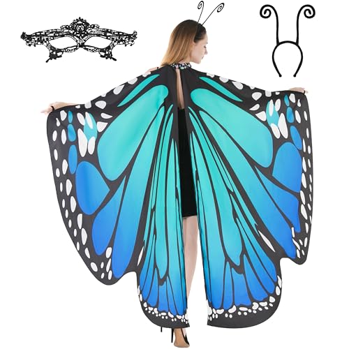 Spooktacular Creations Schmetterlingsflügel mit Spitze, Maske und schwarzem Haarreifen mit Fühlern, für Erwachsene, Frauen, Halloween-Kostüm (Blau) von Spooktacular Creations