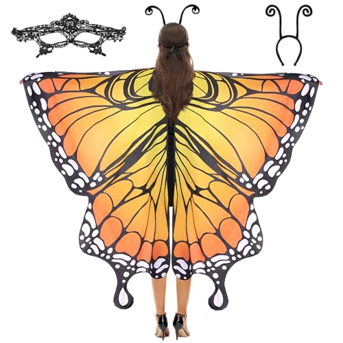 Spooktacular Creations Schmetterlingsflügel-Umhang-Schal mit Spitzenmaske und Antennen-Stirnband aus schwarzem Samt für Erwachsene und Frauen, Halloween-Kostüm-Zubehör (gelb) von Spooktacular Creations