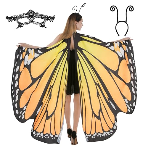Spooktacular Creations Schmetterlingsflügel mit Spitze, Maske und schwarzem Haarreifen mit Fühlern, für Erwachsene, Frauen, Halloween-Kostüm (Gelb) von Spooktacular Creations