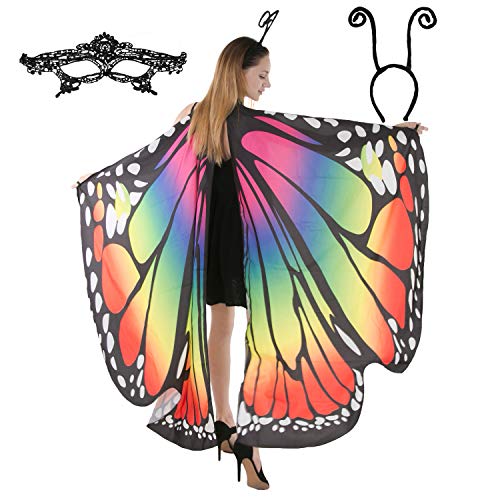 Spooktacular Creations Schmetterlingsflügel mit Spitze, Maske und schwarzem Haarreifen mit Fühlern, für Erwachsene, Frauen, Halloween-Kostüm (Regenbogen) von Spooktacular Creations
