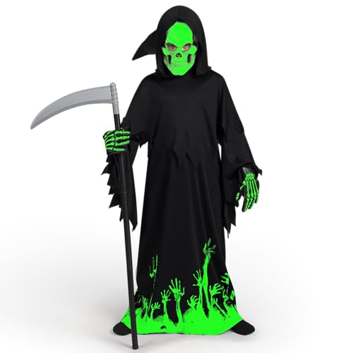 Spooktacular Creations - Sensenmann Kostüm Kinder, enthält Sensenmann Robe, Maske, Handschuhe und Sense, halloween kostüm sensenmann, Halloween Grim Reaper, Karneval, Mottoparty, L (10-12 Jahre). von Spooktacular Creations