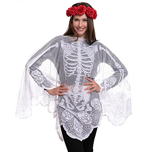 Spooktacular Creations Spitze Skelett Poncho und Blume Rose Stirnband Schädel Knochen Halloween Poncho Skelett Kostüm Tag der Toten Outfit Kopfschmuck von Spooktacular Creations