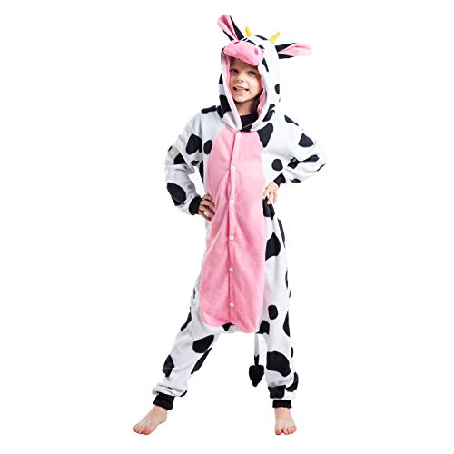 Spooktacular Creations Unisex Kinder Pyjama Plüsch Jumpsuit Schlafanzug, Mädchen Jumpsuit Kuh Tierkostüm Halloween Karneval Kostüm (Medium, Black-White) von Spooktacular Creations