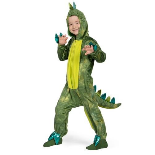 Spooktacular Creations Unisex-Schlafanzug mit leuchtendem Dinosaurier für Kinder, grüner T-Rex-Overall mit Kapuze und Reißverschluss, Halloween-Kostüm, S (5–7 Jahre) von Spooktacular Creations