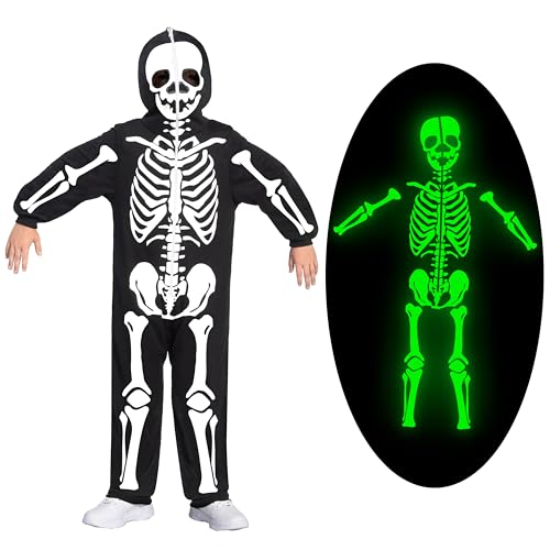 Spooktacular Creations Unisex Skeleton Jumpsuit Pyjama für Kinder, Plüschzip-up schwarzer Glühen im dunklen Jumpsuit Skelett Halloween Cosplay Kostüme, L (10-12 Jahre) von Spooktacular Creations