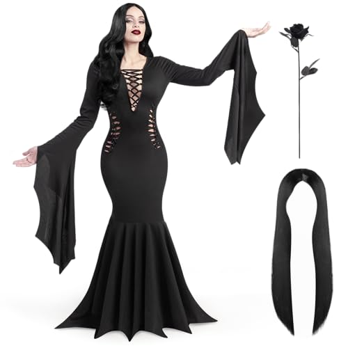 Spooktacular Creations Women Morticia Addams Kleid, schwarze gotische Hexe Vintage Kleid Kostüm für Adult Halloween Dress up Party Cosplay von Spooktacular Creations