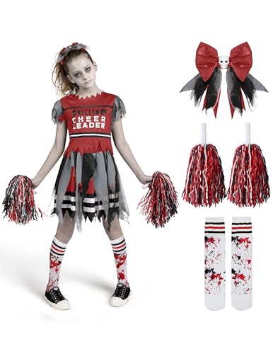 Spooktacular Creations Zombie-Cheerleader-Halloween-Kostüm für Kinder, Totes Cheerleader-Kostüm für Mädchen, Fearleader-Outfit für gruselige Halloween-Anzieh-Rollenspielpartys, L von Spooktacular Creations