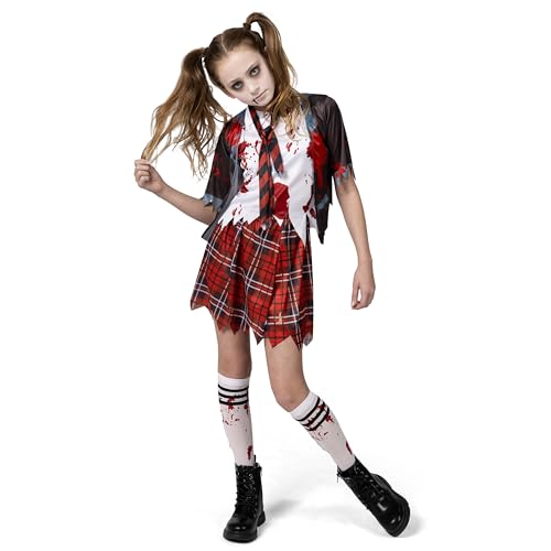Spooktacular Creations Zombie-Schulmädchen-Kostüm, blutiges Zombie-Kostüm für Kinder, Halloween, Schule, Event-Party, Schwarz, M von Spooktacular Creations