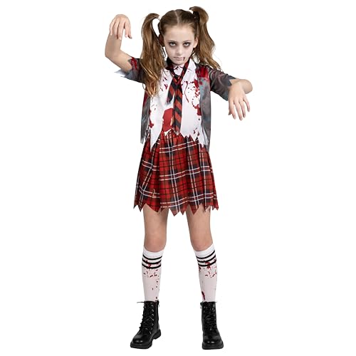 Spooktacular Creations Zombie-Schulmädchen-Kostüm, blutiges Zombie-Kostüm für Kinder, Halloween, Schule, Event, Party, Verkleidung (Grau, XL (12–14 Jahre)) von Spooktacular Creations