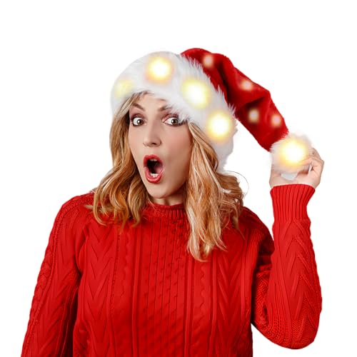 Sporgo LED Weihnachtsmütze, Erwachsene Nikolausmütze mit Leuchtendem, Plüsch Rote Santa Mütze Nikolaus Dicker Fellrand Weihnachtsmützen für Weihnachten Neujahr Partys Neujahrsgeschenk (Warmweiß B) von Sporgo