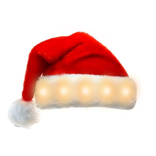 Sporgo LED Weihnachtsmütze, Erwachsene Nikolausmütze mit Leuchtendem, Plüsch Rote Santa Mütze Nikolaus Dicker Fellrand Weihnachtsmützen für Weihnachten Neujahr Partys Neujahrsgeschenk (Warmweiß) von Sporgo