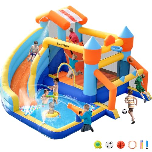 SportBob Hüpfburg mit Gebläse und Wasserrutsche für Kinder Indoor und Outdoor, hüpfburgen XXL mit Fußballtor, Wasserbüchse und Basketballkorb, Wasserpark für den Kinder Garten Geburtstag Party SportBob Hüpfburg mit Gebläse und Wasserrutsche für Kinder Indoor und Outdoor, hüpfburgen XXL mit Fußballtor, Wasserbüchse und Basketballkorb, Wasserpark für den Kinder Garten Geburtstag Party von SportBob