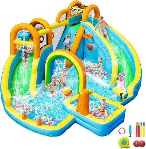 SportBob Regenbogen Wasserhüpfburg mit Wasserrutsche und Gebläse, XXL Hüpfburgen für Kinder 3-10 Jahre Indoor & Outdoor, Doppelrutsche, Regenbogentor, Wasserkanonen von SportBob