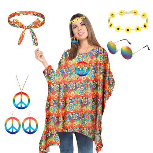 Sprießen 6 Stück Hippie Kleidung Damen Zubehör,70er Jahre Outfit Damen Kostüm,Boho Hippie Kostüm,Hippie Kostüm Set Mit Hippie Poncho,Stirnband,Frieden Zeichen Halskette Ohrringe,Hippie Sonnenbrillen Sprießen 6 Stück Hippie Kleidung Damen Zubehör,70er Jahre Outfit Damen Kostüm,Boho Hippie Kostüm,Hippie Kostüm Set Mit Hippie Poncho,Stirnband,Frieden Zeichen Halskette Ohrringe,Hippie Sonnenbrillen von Sprießen