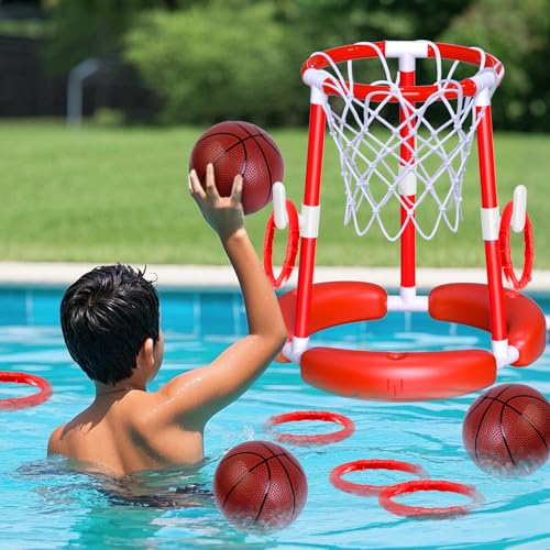 SpringFlower FloatingPool Basketballkorb, Sommer-Basketballkorb für Kinder und Erwachsene, Sommerpool, Outdoor-Spielen mit Ringwurf, Bällen und Pumpe, Rot von SpringFlower