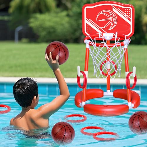 SpringFlower Pool-Basketballkorb und Ringwurfspiel mit Rückwand, 2 Poolbälle, Sommer-Schwimmbad, lustige Spiele für Kinder und Erwachsene, Rot von SpringFlower