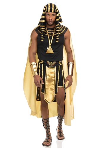Springcmy Ägyptisches Halloween-Kostüm-Set, 6-teilig, goldfarben, alle mächtigen Pharaonenkostüme, alter König von Ägypten, Robe, Cosplay-Outfits (Schwarz, S) von Springcmy