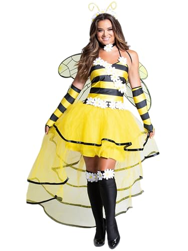 Springcmy Bienenkostüm für Damen, Halloween, Cosplay, Biene, ärmelloses Kleid, Flügel, Stirnband, Armstulpen, Set, Faschingskostüm, Partykleidung (Stehend, M, Gelb) von Springcmy