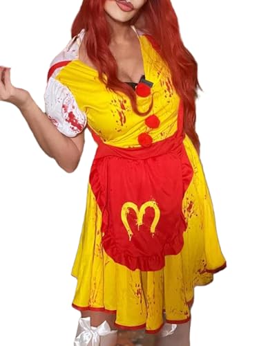 Springcmy Cosplay Kellnerin-Kostüm für Damen, kurzärmelig, Patchwork, Mini-Uniform, Kostüm, Dienstmädchen, Schürze, Halloween-Outfit (A Gelb, M) von Springcmy