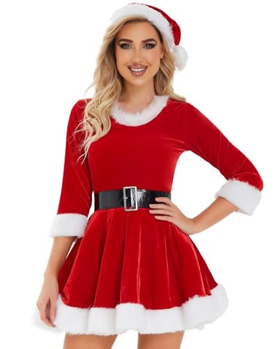 Springcmy Damen-Kostüm, Weihnachtsmann-Kostüm, Samt, mit Kapuze, Cosplay-Partykleid, S-rotes Kleid+hut von Springcmy