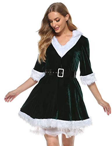 Springcmy Damen Weihnachtsmann-Kostüm mit Kapuze, Samt, Cosplay-Kleid Gr. 38, grün von Springcmy