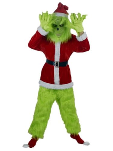 Springcmy Grinch Kostüm für Erwachsene, Grün, 7-teiliges Kostüm-Set mit Maske, Halloween, Weihnachten, lustiges Cosplay-Kostüm, Requisiten, Party-Outfit XL von Springcmy