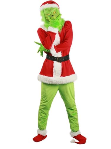 Springcmy Grinch Kostüm für Erwachsene, Grün, 7-teiliges Kostüm-Set mit Maske, Halloween, Weihnachten, lustiges Cosplay-Kostüm, Requisiten, Party-Outfit von Springcmy