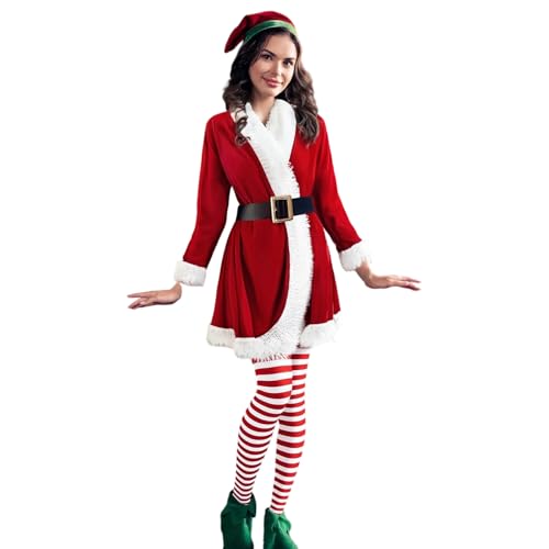 Springcmy Mrs Claus Kostüm, Weihnachtsmann-Kostüm, Weihnachtsoutfit für Damen, Samt, Gürtel, Kleid, Nikolausmütze, Handschuhe, Strümpfe, Sets für Mottoparty (A-Red, XL) von Springcmy