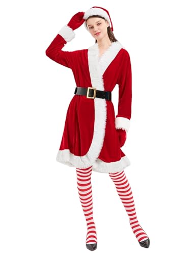 Springcmy Mrs Claus Kostüm, Weihnachtsmann-Kostüm, Weihnachtsoutfit für Damen, Samt, Gürtel, Kleid, Nikolausmütze, Handschuhe, Strümpfe, Sets für Mottoparty (Burgunderrot, XL) von Springcmy