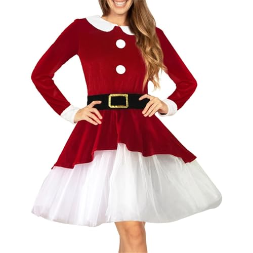 Springcmy Mrs Claus Kostüm für Damen Weihnachten Santa Kostüm Kleid Verkleidung Xmas Outfit Samt Cosplay Party Kleid (A-Red, M) von Springcmy