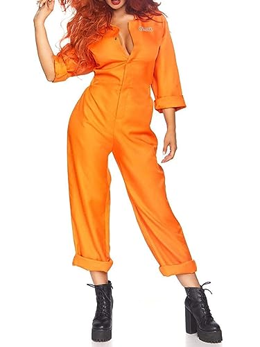 Springcmy Oranger Gefangenen-Overall für Herren und Damen, Gefängnis-Kostüm, Rollenspiel, Party, Cosplay, Halloween, Jailbird, Insassin, Spielanzug (Orange (Damen), Größe M von Springcmy