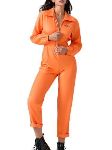 Springcmy Oranger Gefangenen-Overall für Herren und Damen, Gefängnis-Kostüm, Rollenspiel, Party, Reißverschluss, Cosplay, Halloween, Jailbird, Insassenkostüm (Orange, B, Damen, M) von Springcmy