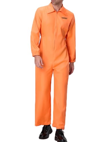 Springcmy Oranger Gefangenen-Overall für Herren und Damen, Gefängnis-Kostüm, Rollenspiel, Party, Reißverschluss, Cosplay, Halloween, Jailbird, Insassenkostüm (Orange, B, Herren, L) von Springcmy
