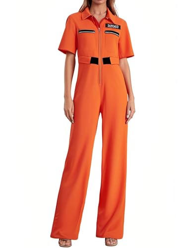 Springcmy Oranger Gefangenen-Overall für Herren und Damen, Gefängnis-Kostüm, Rollenspiel, Party, Reißverschluss, Cosplay, Halloween, Jailbird, Insassenkostüm (Orange C, Damen, S) von Springcmy