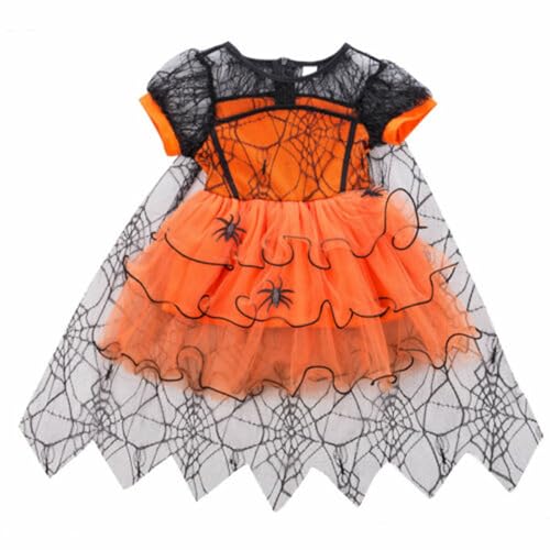 Springcmy Säugling Baby Mädchen Halloween Hexenkleid Kostüm Puffärmel Tüll Strampler Kleid Spitze Tutu Bodysuit Outfits (B Orange, 4-5T) von Springcmy