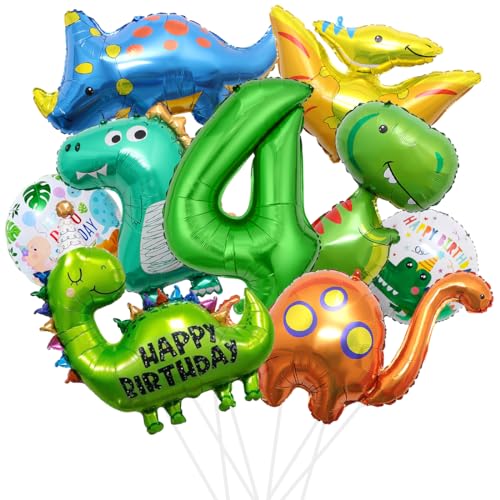 XXL Dino Geburtstag Deko, 4 Jahre Dinosaurier Folienballon, Dinosaurier Geburtstagsdeko Jungen, Grüner Luftballons Dino, Zahlenballon 4 für Dinosaurier Jurassic Dschungel Party Kinder Geburtstag von Sprinlot
