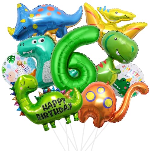 XXL Dino Geburtstag Deko, 6 Jahre Dinosaurier Folienballon, Dinosaurier Geburtstagsdeko Jungen, Grüner Luftballons Dino, Zahlenballon 6 für Dinosaurier Jurassic Dschungel Party Kinder Geburtstag von Sprinlot