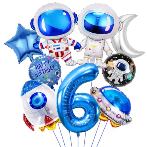 Weltraum Geburtstag Deko 6 Jahre, Rakete Astronauten Folienballon, Geburtstagsdeko 6. Junge, Runde Astronaut Helium Ballon, Raumschiff Luftballons für Jungen Kinder Geburtstag Universum Motto Party von Sprinlot
