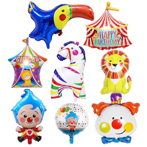 8 Stücke Zirkus Tiere Folienballon, Clown Ballon, XXL Aluminium Folie Zebra ballon, Zirkus Löwe Luftballons, Zirkuszelt Riesenballon zum Karneval Urlaub Geburtstag Baby Shower Thematische Party Deko von Sprinlot