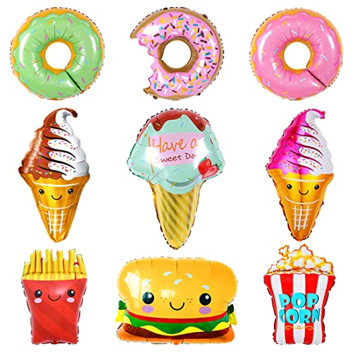 9 Stück Donut Luftballons, Giant Folienballon Eis Hamburger Fritten, XXL Helium Luftballons Ice Cream, Popcorn Ballons Dekoration Set für Mädchen Jungen Sommer Süßes Essen Geburtstag Kinder Party von Sprinlot