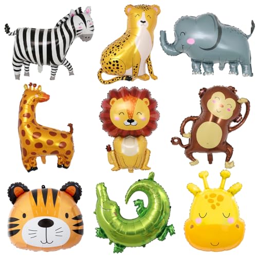 9 Stück Folienballon Tiere, XXL Löwe Tiger Elefant Luftballon, Waldtiere Giraffe Helium Ballons, Dschungel Krokodil Zebra Affe Safari Riesenballon, Waldtiere Ballons für Kinder Geburtstag Party Deko von Sprinlot