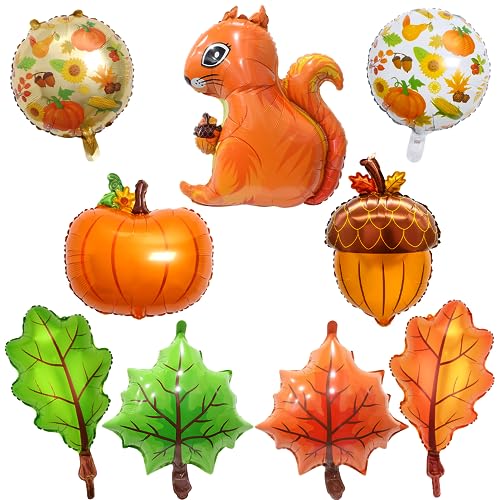 9 Stück Thanksgiving Folienballon Set, Erntedank Luftballon Dekoration, XXL Kürbis Eichhörnchen Eichel Luftballon, Ahornblätter Ballons für Herbst Themen Party Harvest Geburtstag Halloween Festival von Sprinlot