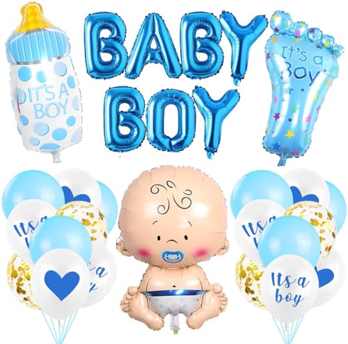 Babyparty Deko Blau, Baby Shower Junge Deko, Babydusche Dekorations - It's a Boy Girlande, Neugeborene Folienballoon, Fotorequisiten Masken, Ballons Blau, Tischdeko Streudeko von Sprinlot