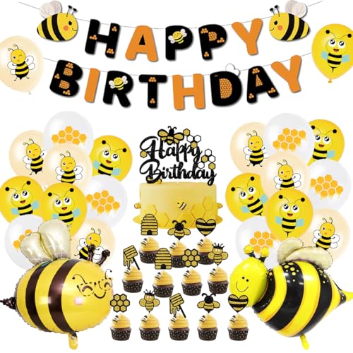 Biene Geburtstag Deko Set - XXL Folienballons Mit Happy Birthday Girlande, Party Kindergeburtstag Dekoration, Tortenstecker, Luftballons für Kinder von Sprinlot