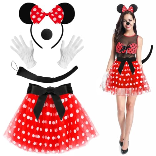 Damen Mouse Kostüm, Rote Tutu mit weiß Gepunktet, Tüllrock mit Maus Ohren Haarreifen+Bänder+Schwanz+Maus Nase+Handschuhe, Kostüm Accessoire für Fasching Karneval Halloween Motto Cosplay Party New Damen Mouse Kostüm, Rote Tutu mit weiß Gepunktet, Tüllrock mit Maus Ohren Haarreifen+Bänder+Schwanz+Maus Nase+Handschuhe, Kostüm Accessoire für Fasching Karneval Halloween Motto Cosplay Party New von Sprinlot