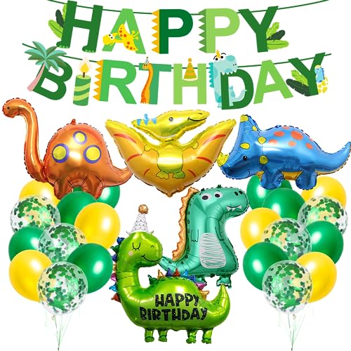 Dino Geburtstag Deko Set, XXL Dinosaurier Folienballons mit Happy Birthday Girlande, Dino Party Kindergeburtstag, Luftballons Grün Gelb für Dinosaurier Dschungel Party Geburtstag Dekoration Junge von Sprinlot